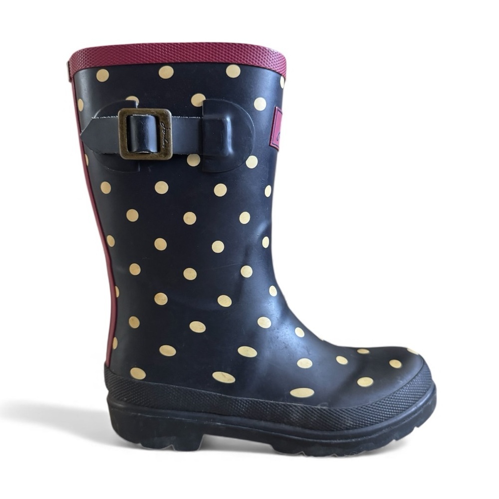Joules Kids Waterproof Rubber Rain Boots Black Pink Yellow Polka Dot Shoes 13